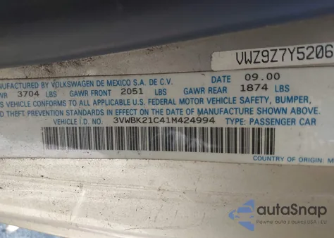 2001 Volkswagen New Beetle Gl from USA, damaged, VIN 3VWBK21C41M424994